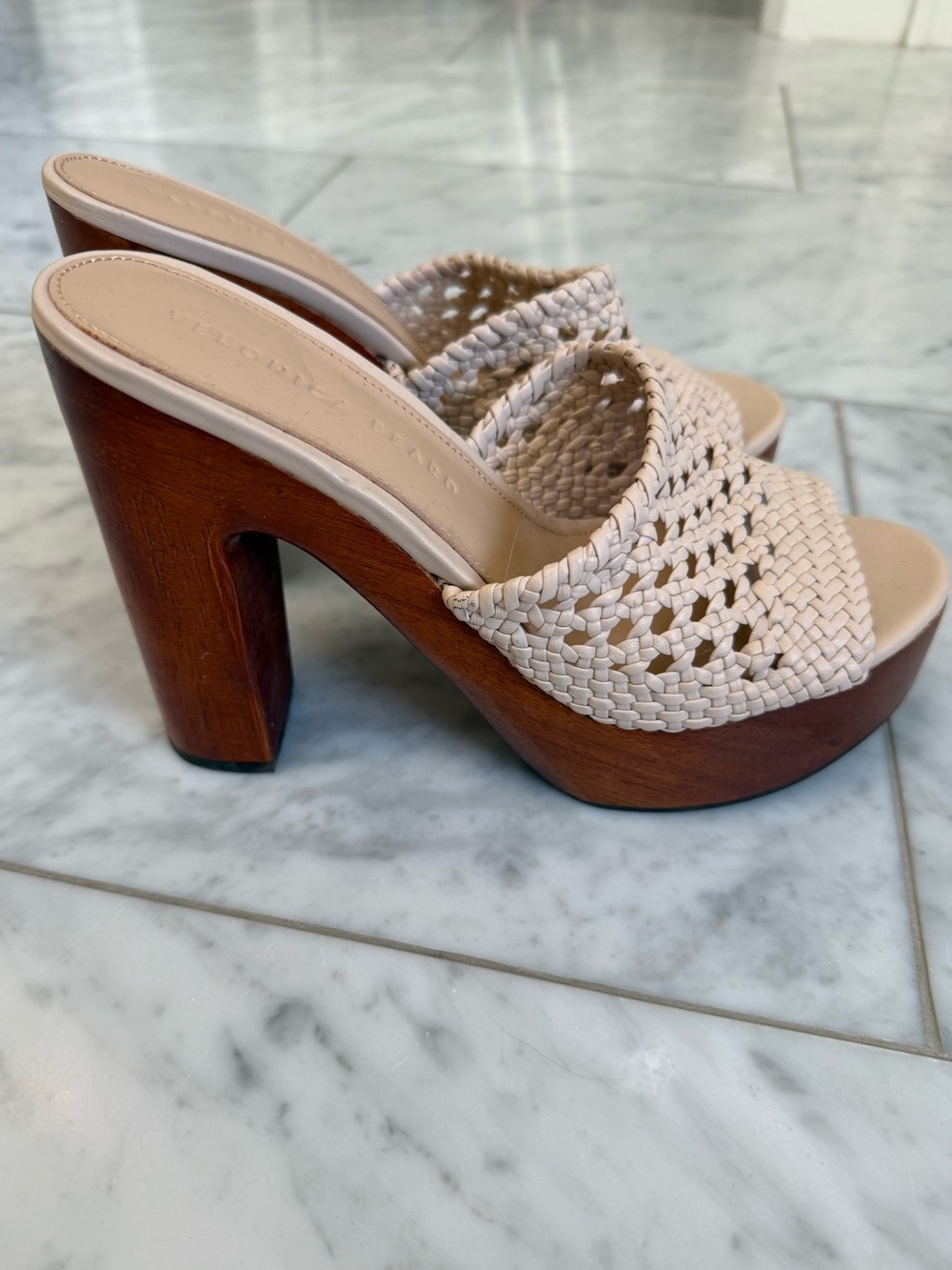 Veronica Beard Cream Woven Platform Slide Heels